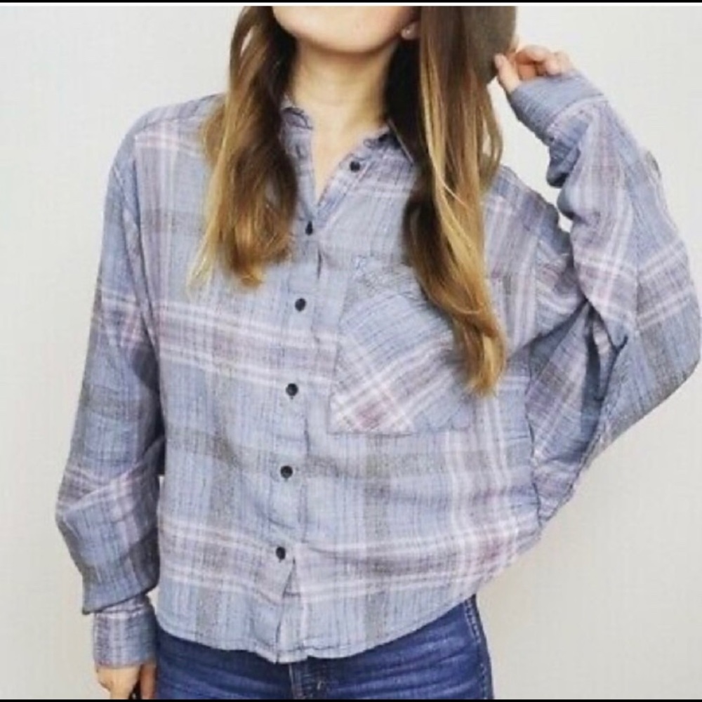 FP | Cutie Plaid Bat Wing Dolman Long Sleeve Cropped Top Button Front Shirt